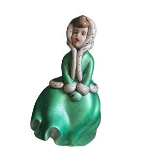 Vintage Hand-Painted Green Lady Figurine With Faux Fur Trimmed Winter Coat